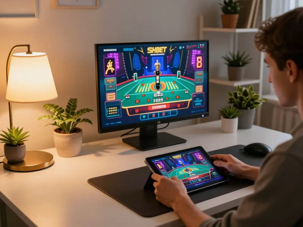 Player engaging in strategic online gaming on SHBET platform in a cozy home setup