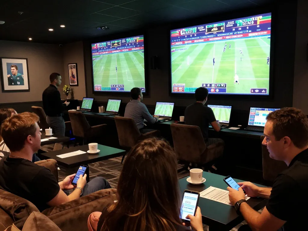 Engaging patrons at upscale sports betting lounge evaluating tỉ lệ kèo amidst live matches and excitement.