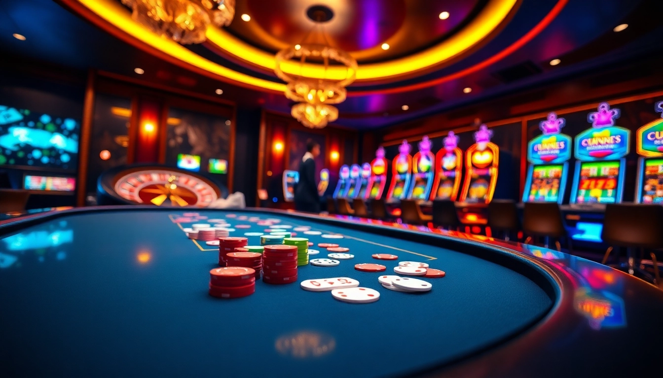 Gambling excitement at QH88 casino with vibrant poker table, colorful chips, and spinning roulette wheel