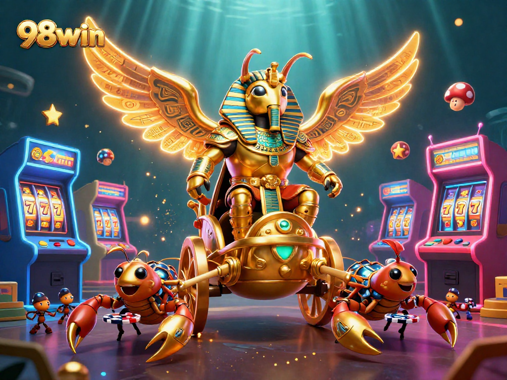 Engage in thrilling gameplay with 98win's vibrant 3D casino illustration featuring slot reels and jackpot excitement.