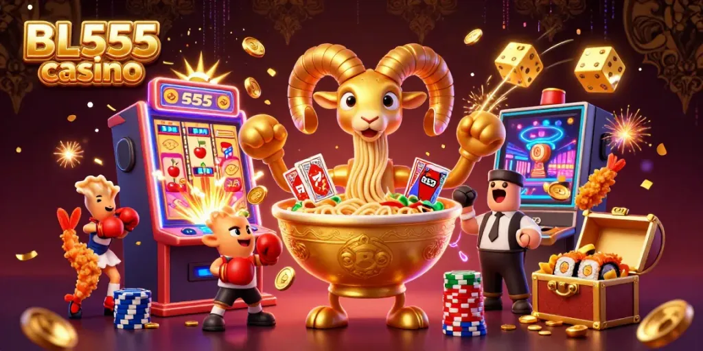Experience the excitement of BL555 casino with vibrant 3D cartoon characters and jackpot elements.