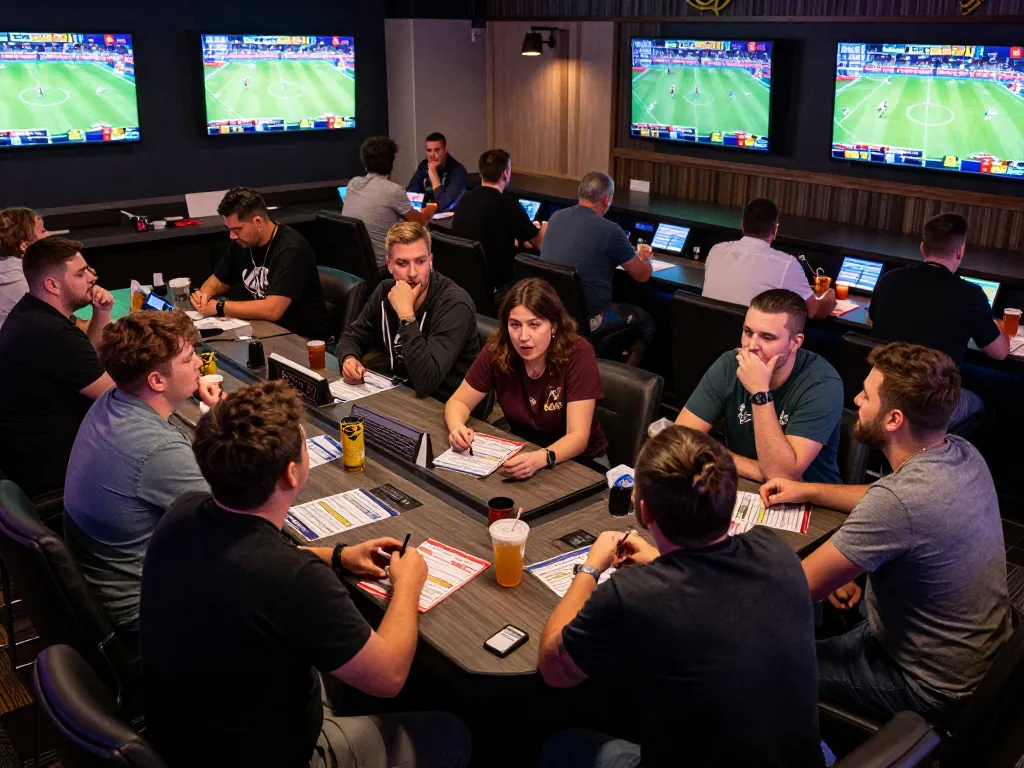Kèo nhà cái showcased in a vibrant sports betting lounge with fans strategizing bets
