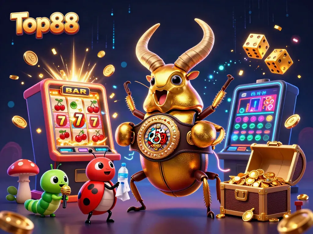 Experience Top88 gaming excitement with a giant stag beetle and jackpot elements in a vibrant casino scene.