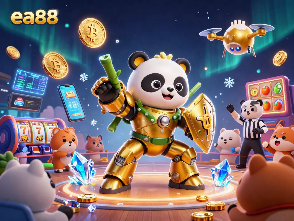 Experience the thrill at ea88 with golden panda piloting a robot amidst vibrant casino elements.