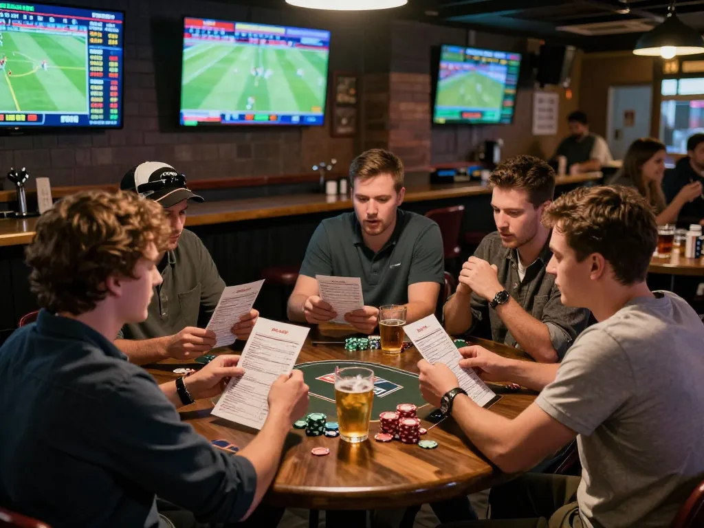 KQBD update live sports betting scene with excited bettors analyzing odds and matches.