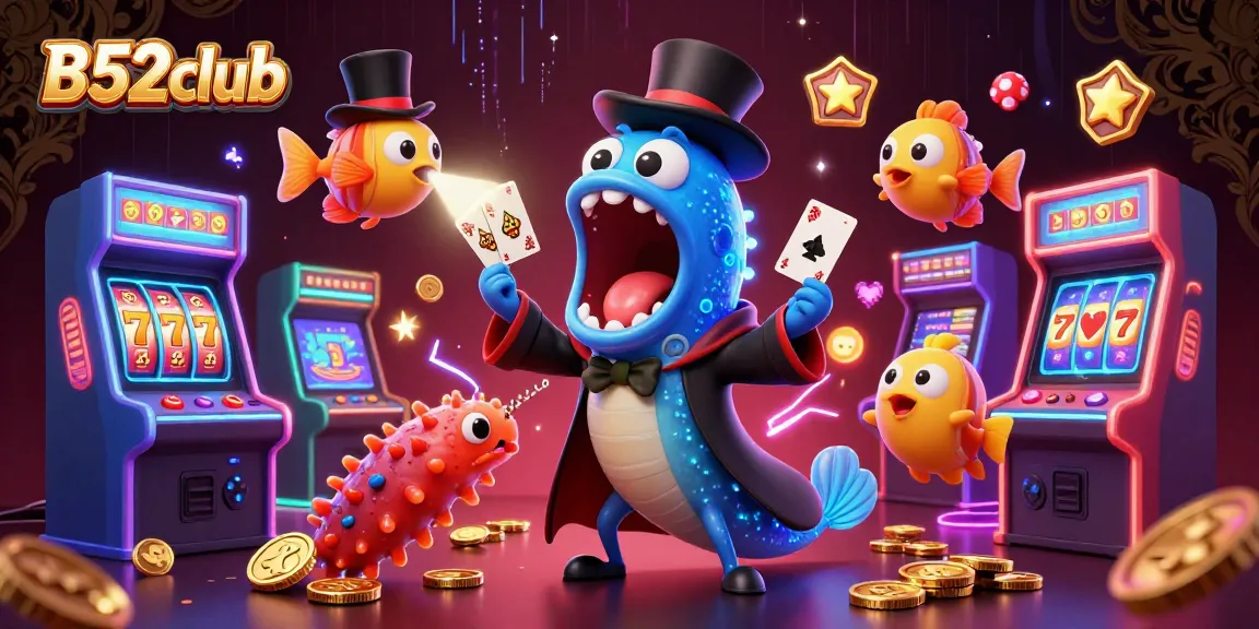 B52club interactive casino scene featuring a magician eel, glowing game machines, and dynamic slot reels.