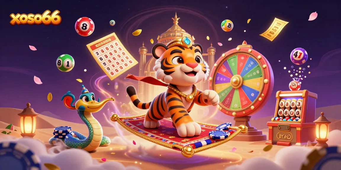 Xoso66 offers a vibrant gaming experience with a tiger sultan and lively lottery elements.