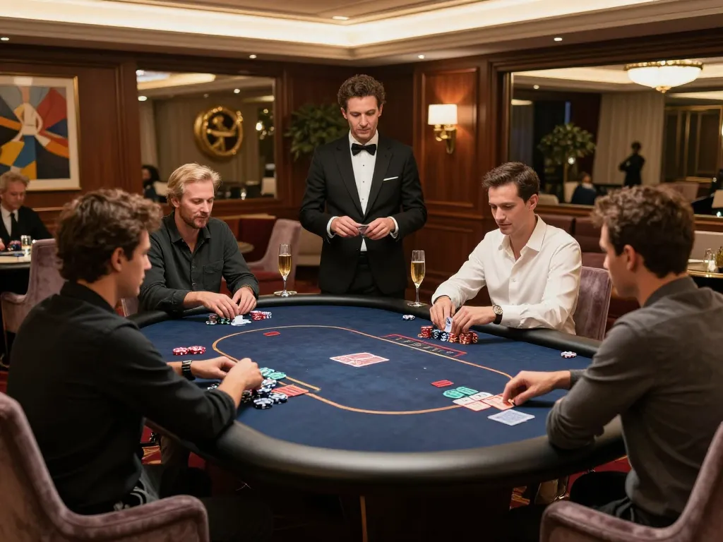 VIPWIN players enjoying a thrilling poker game in a luxurious private room with elegant decor.