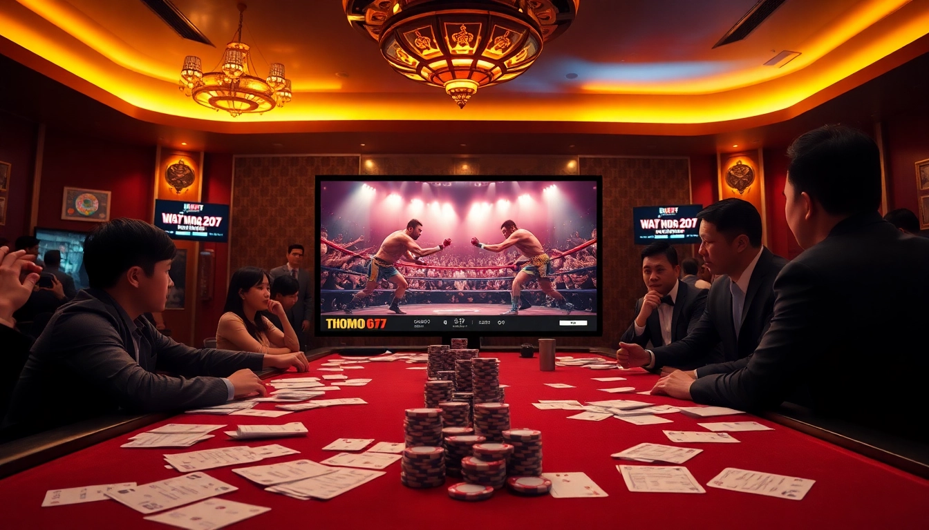 Action-packed đá gà thomo 67 betting scene with a thrilling live match and engaged gamblers.