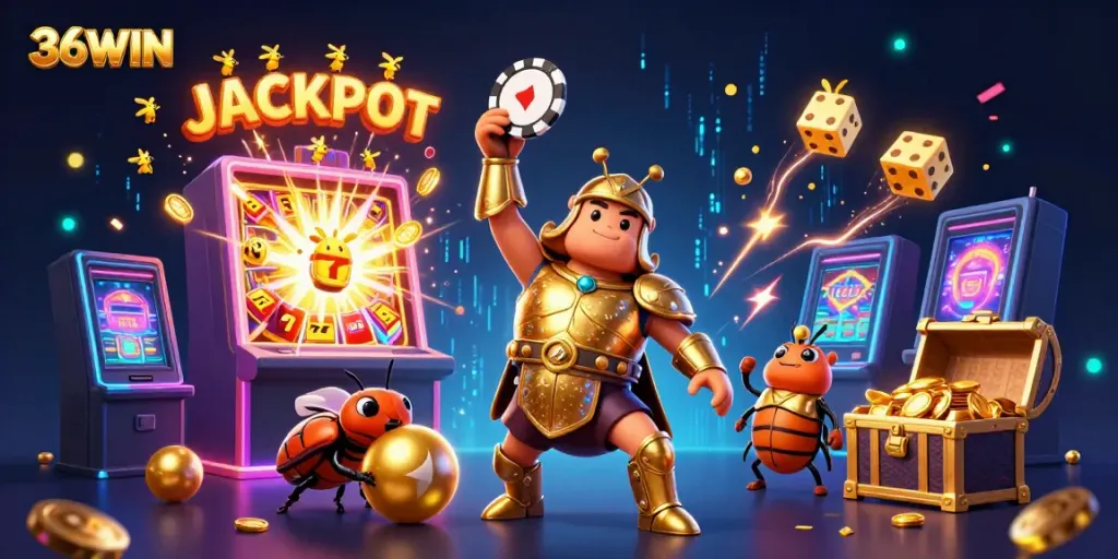 36WIN illuminates a vibrant casino scene with playful characters celebrating jackpot wins.