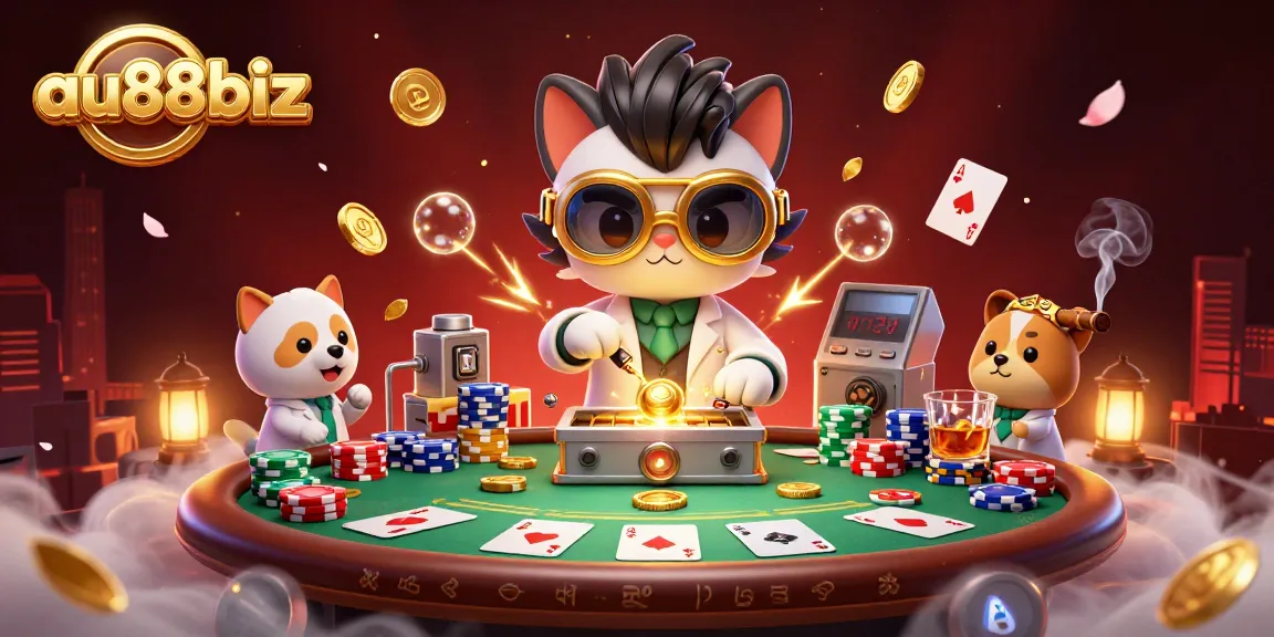 Engage in thrilling poker action at au88biz with a playful mad scientist cat and loyal dog, creating gold coins.