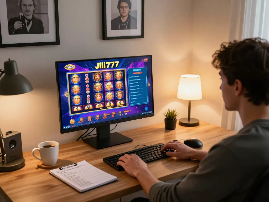 Engaging online gaming session with Jili777 slots displayed on screen, showcasing a home office setup.