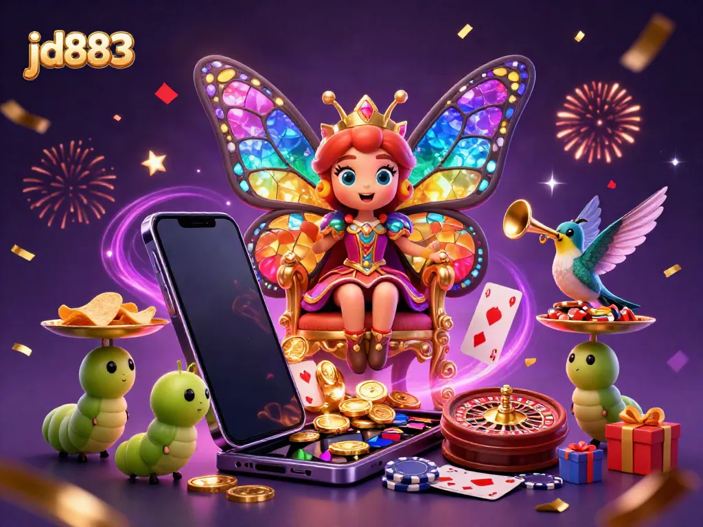 Spin and win in a vibrant JD883 scene with a butterfly queen and dynamic gaming elements.