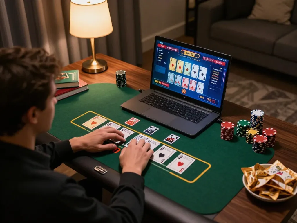 Engaging gameplay at ok8386 online casino with displayed blackjack cards and modern gaming setup.