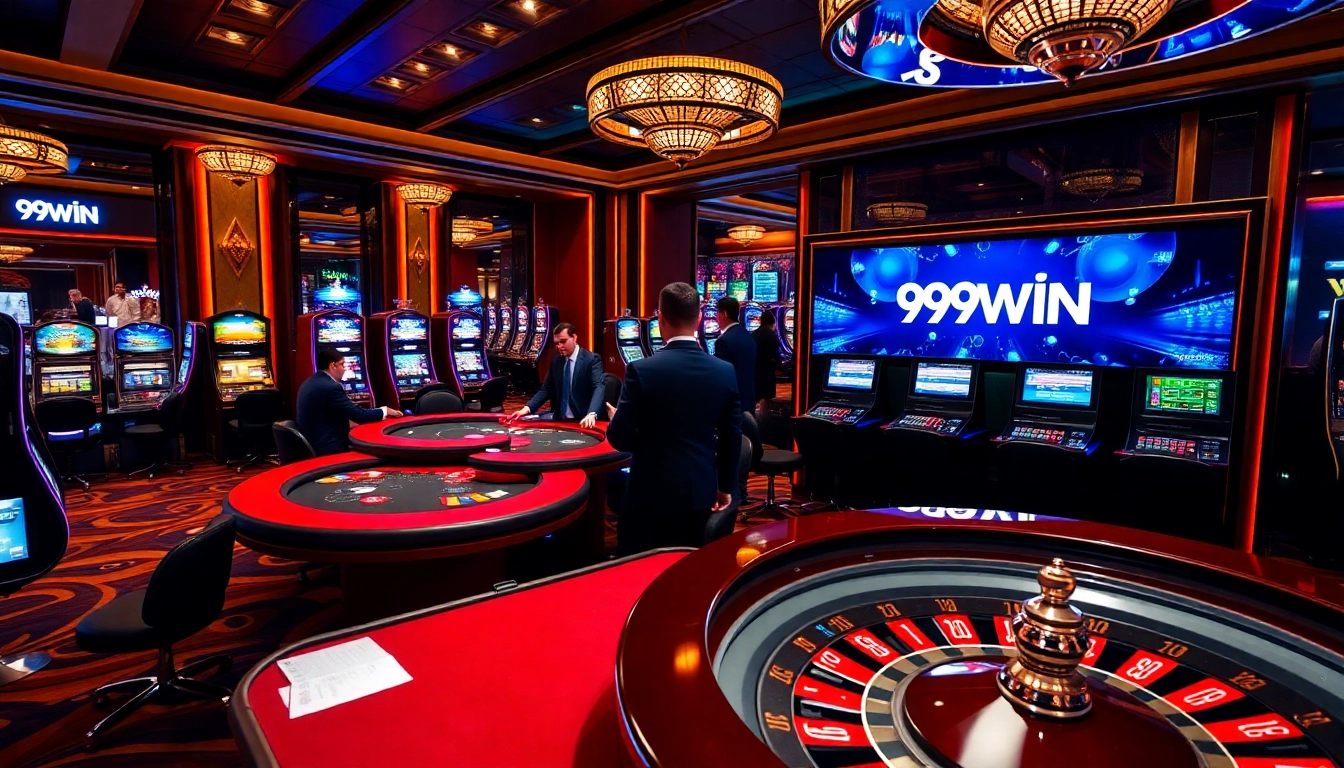Exciting 99WIN casino scene with poker table, vibrant slot machines, and roulette.