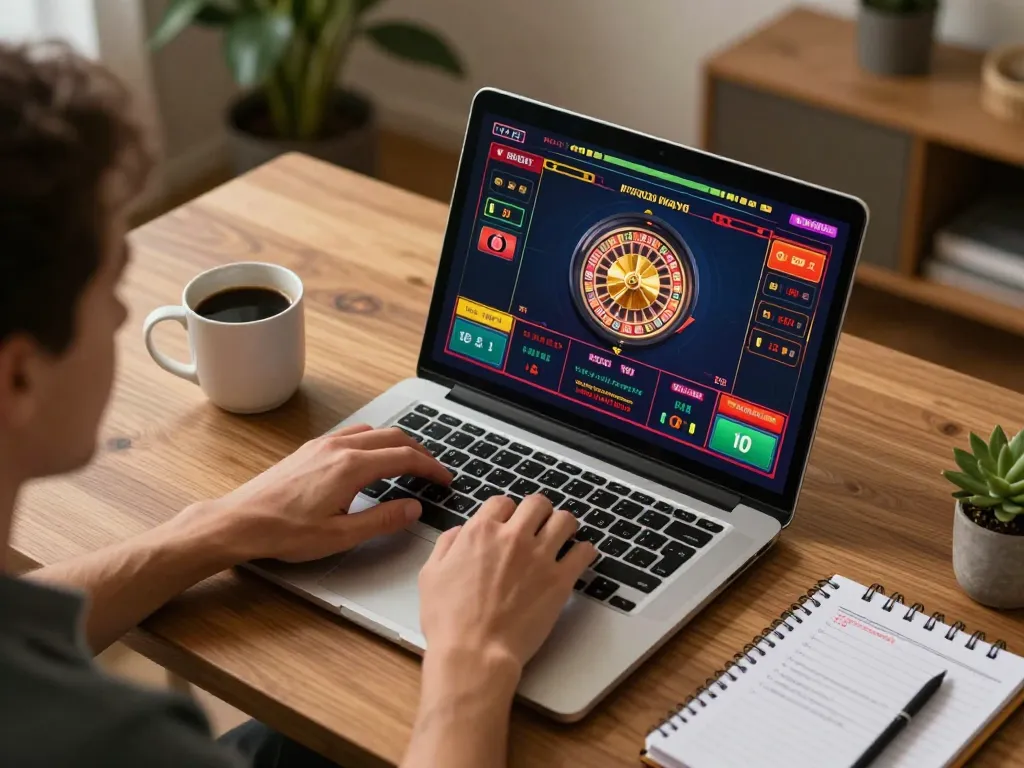 Player exploring luckywin online casino on a laptop, enjoying live roulette gaming experience.