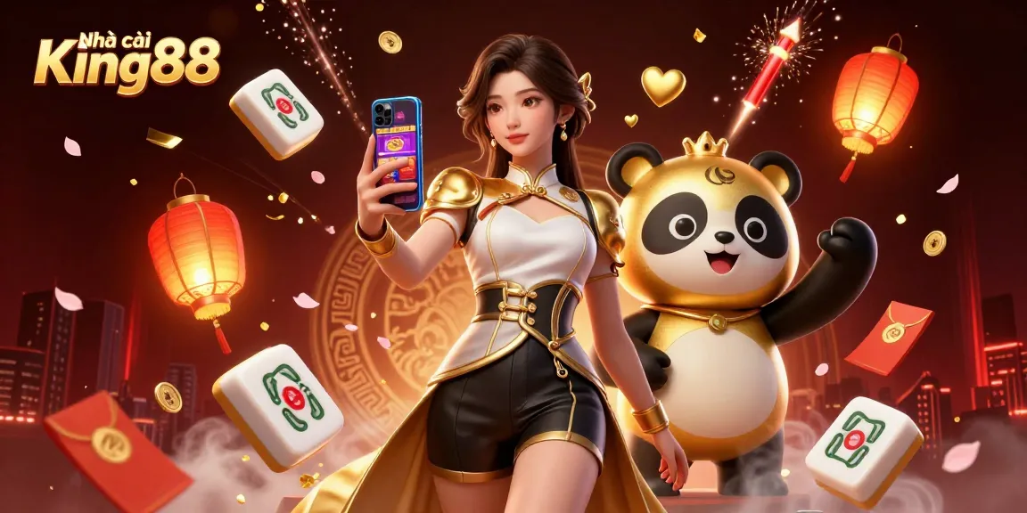 Enjoy thrilling casino games with Nhà cái King88 featuring dynamic 3D illustrations of an Asian woman and a golden panda.