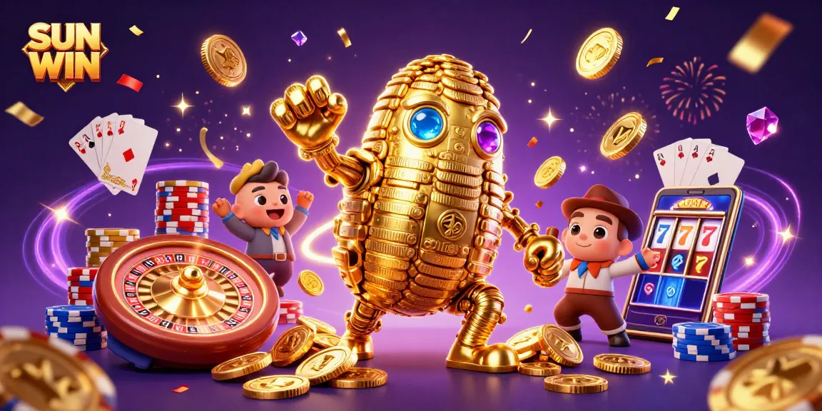 Engaging SUN WIN gaming visual of a dynamic ancient golden golem surrounded by casino elements.