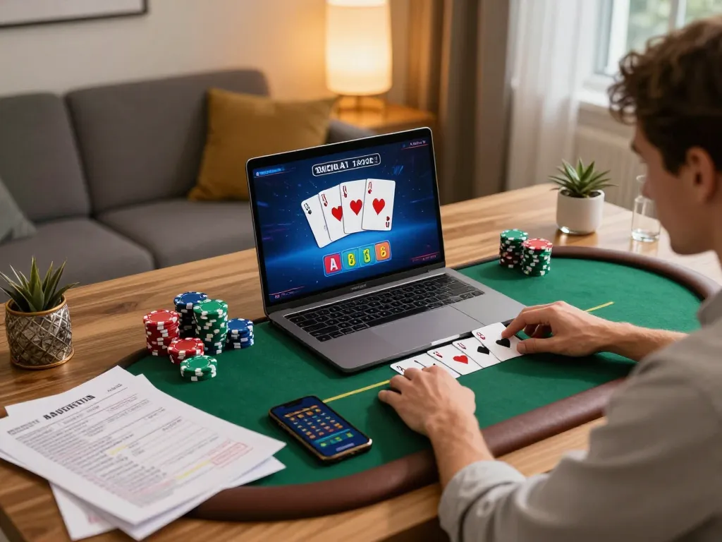 Engaging poker gameplay on a laptop at home, featuring sunwin betting strategy notes and cozy decor.