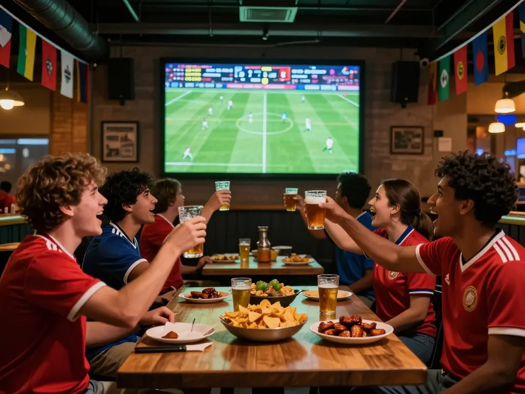 Xoilac fans enjoying live football streaming at a sports bar, cheering and celebrating with snacks and drinks.
