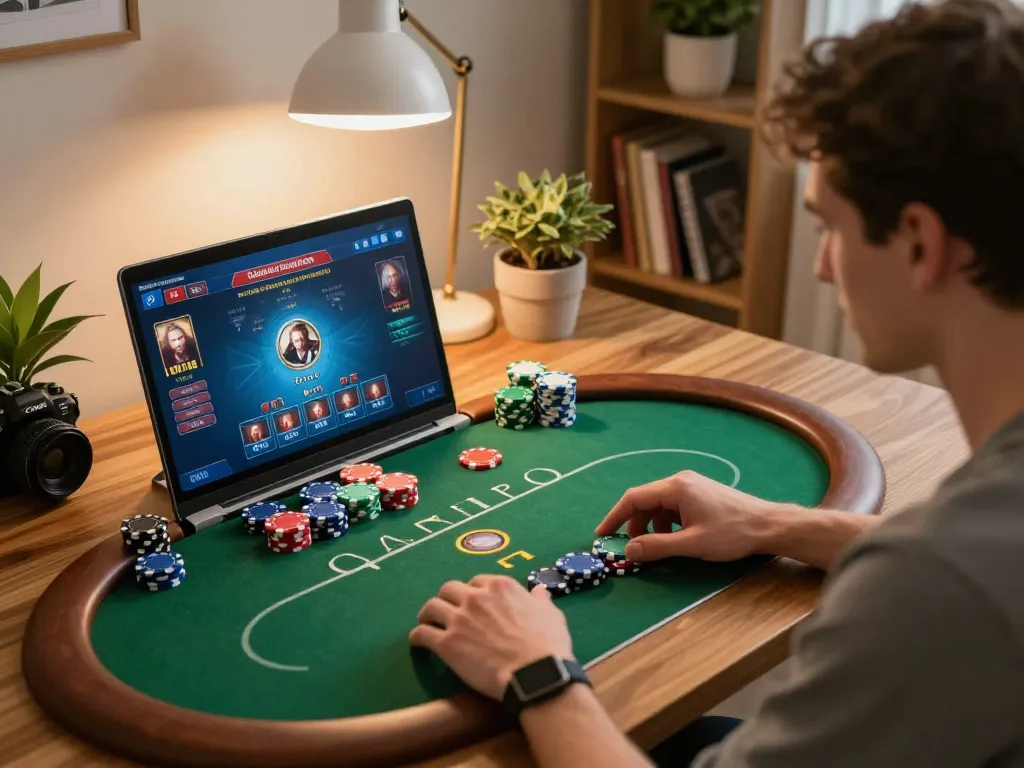 Player using okfun online casino platform, analyzing strategy with laptop at home.