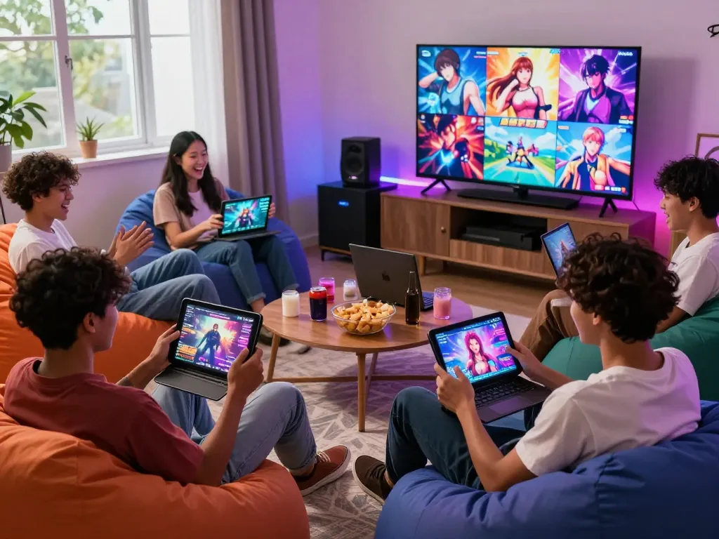 Group of gamers enjoying various hentai games in a vibrant living room atmosphere, showcasing adult gaming culture.