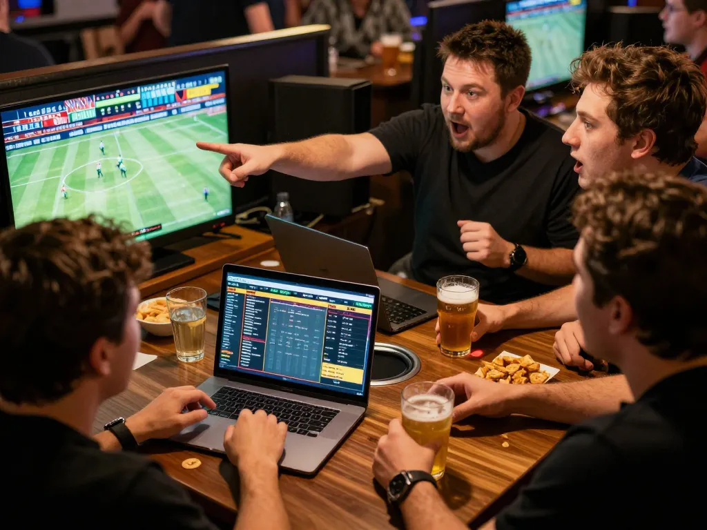 Players engaging in sports betting strategies at Ok9, analyzing odds with excitement and camaraderie