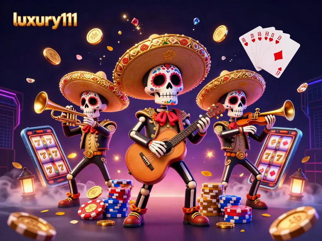 Experience vibrant gaming action with luxury111, as skeleton mariachi musicians play amidst cascading coins and slot symbols.