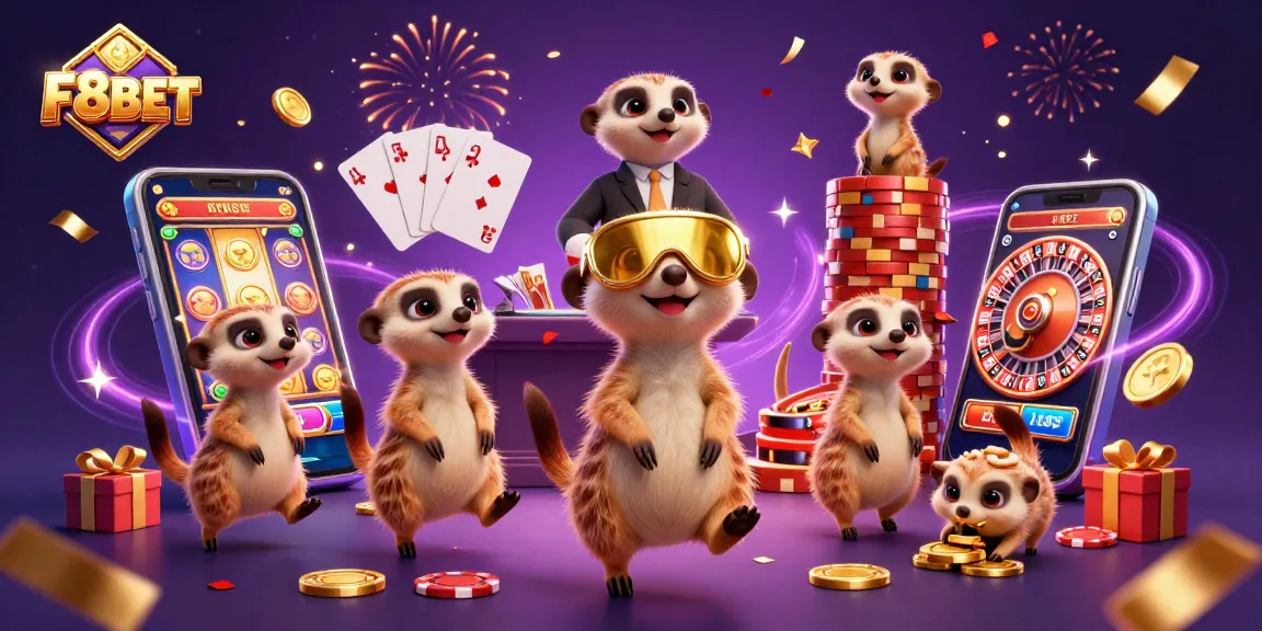 F8BET showcases a vibrant casino scene with meerkat characters engaging in colorful gambling activities.