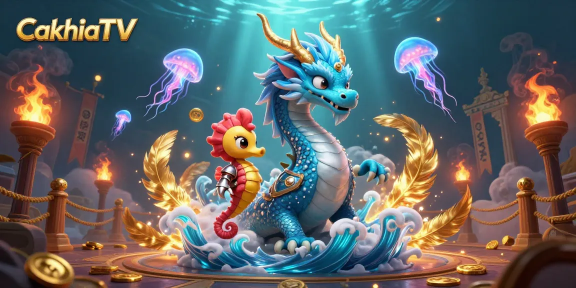 CakhiaTV features a vibrant underwater scene with a majestic water dragon, seahorse knight, and glowing jellyfish in an immersive casino environment.