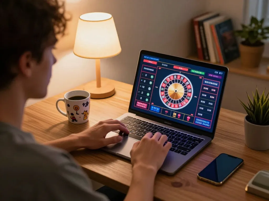 Engaging in an online roulette game via five88 link in a cozy home setting.