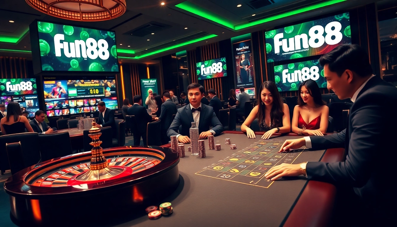 Excited players enjoying high-stakes games at a luxurious Fun88 casino.