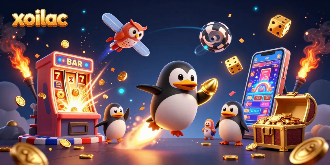 Experience the thrill of xoilac as a golden penguin zooms toward a casino focused on jackpots and excitement.