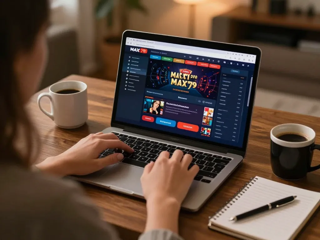 MAX79 user engaging with online casino interface while managing bankroll at home