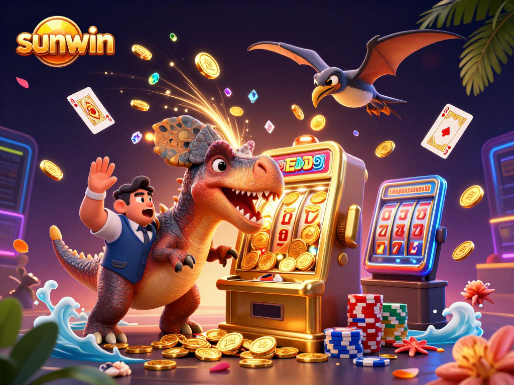 Experience sunwin's thrilling casino excitement with cartoon dinosaurs engaging at a slot machine.