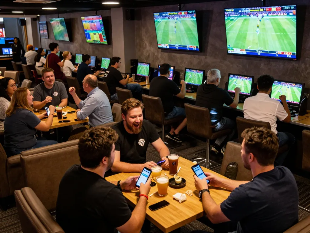 Fans engaging with Go88 sports betting app in an energetic lounge atmosphere during live events.