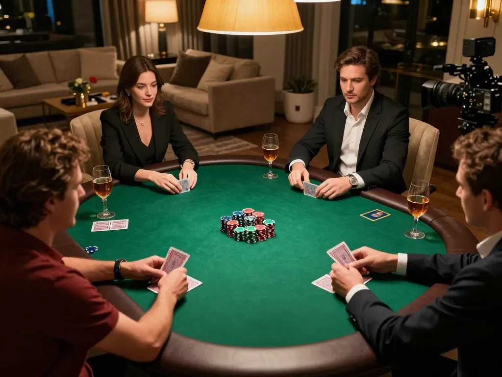 Players engaging in a high-stakes mb66 poker game at an elegant home table, highlighting strategy and excitement.