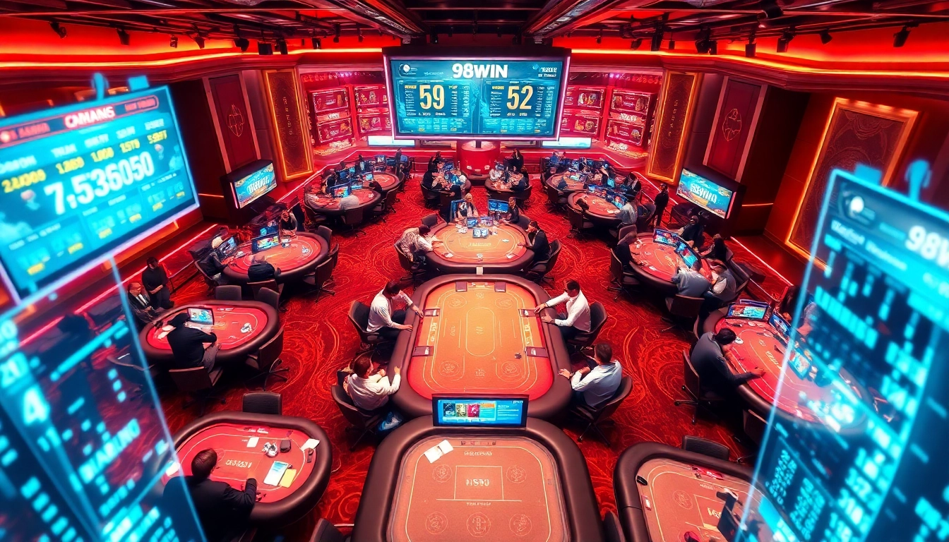 Experience the thrill of 98win's modern casino, featuring vibrant gaming tables, diverse players, and high-tech elements.