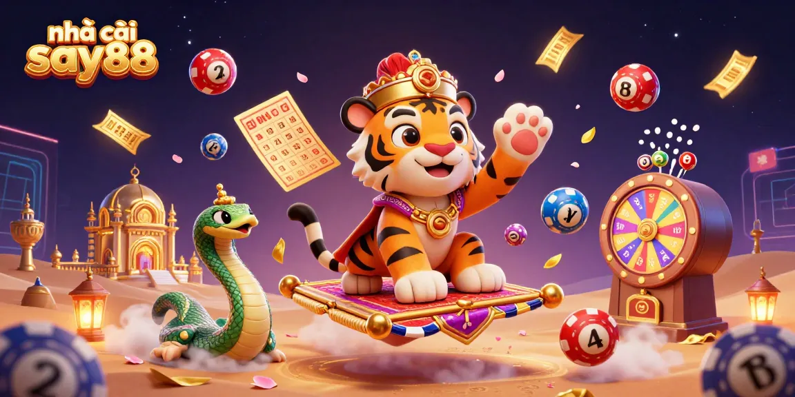 Experience excitement at nhà cái say88 with vibrant lottery elements and Arabian Nights theme in this captivating casino illustration.