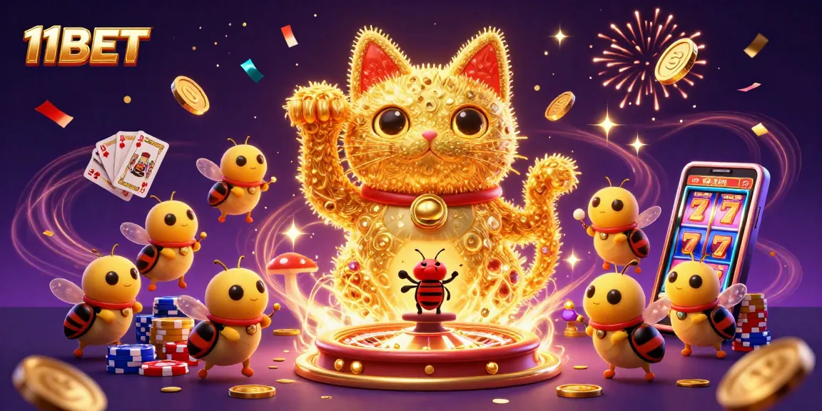 Join the excitement of 11BET with a vibrant casino-themed illustration showcasing lucky symbols.