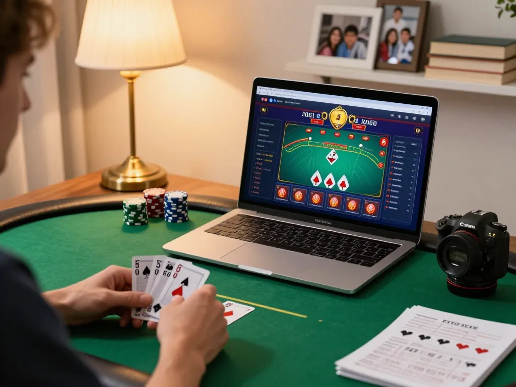 Engaged player using GA88 online casino interface during poker game with strategic notes visible.