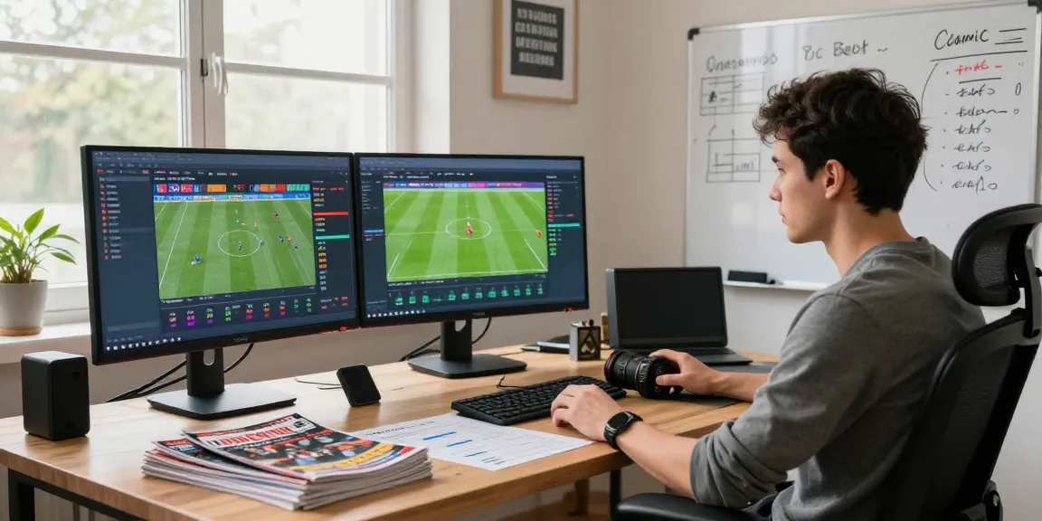 Focused individual analyzing tỷ lệ kèo nhà cái 5 in a modern sports betting workspace, featuring multiple screens and real-time updates.