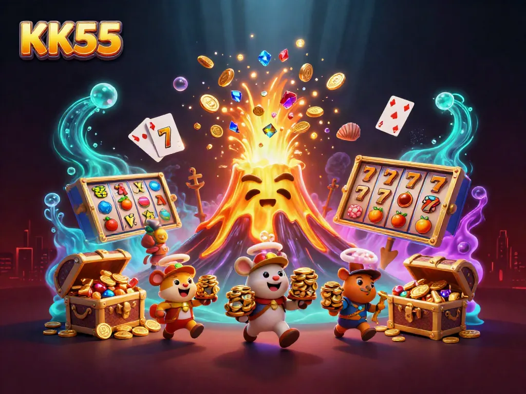 Experience KK55's thrilling slot adventures with vibrant, animated treasures and lively characters.