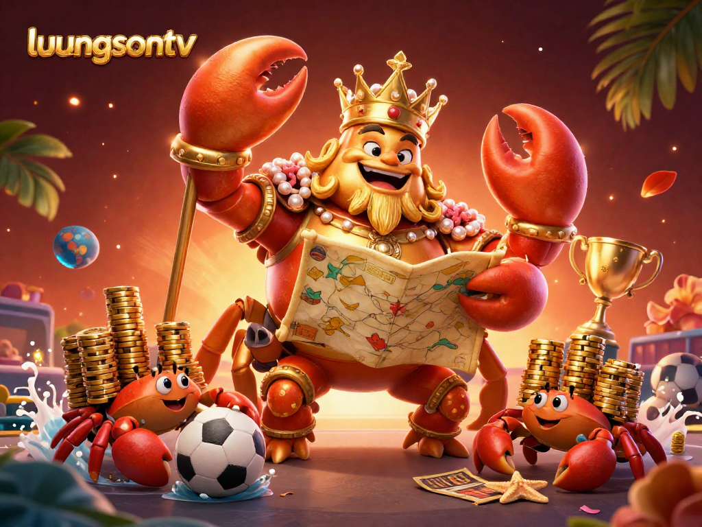 Experience thrilling betting action with luongsontv as a massive golden crab emperor leads a vibrant party of gaming symbols.