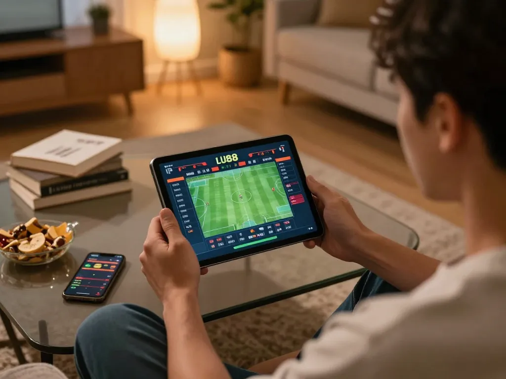 Person actively betting on LU88 while engaged in a cozy home setting with a tablet and smartphone.