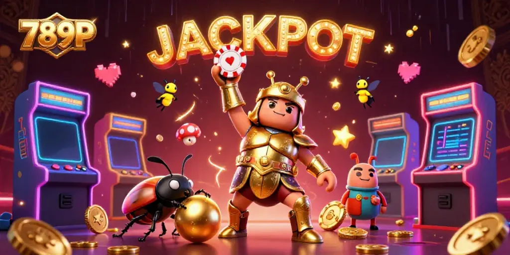 The herculean beetle celebrates victory in 789P's vibrant online casino, amidst colorful gaming elements and a jackpot display.