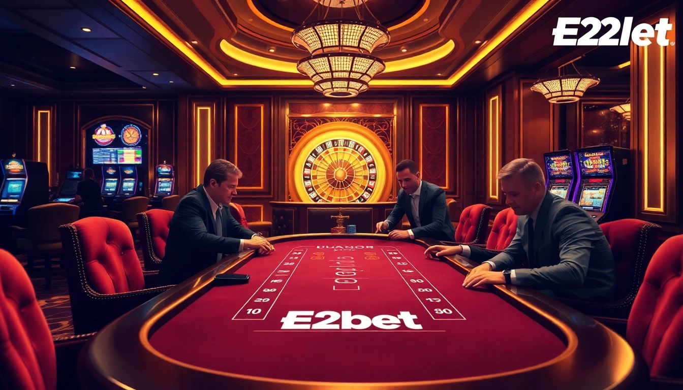 E2bet players strategizing at a luxury casino table, capturing the thrill of high-stakes gambling.