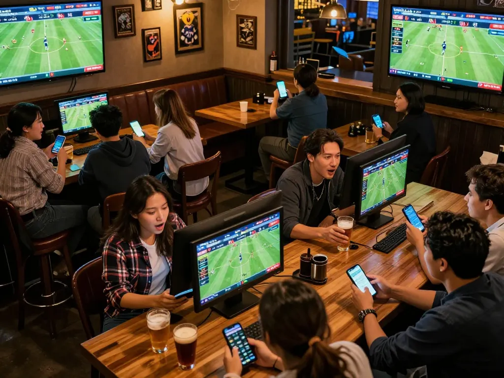 Kết quả bóng đá updates in a lively sports bar filled with fans, celebrating live football betting.