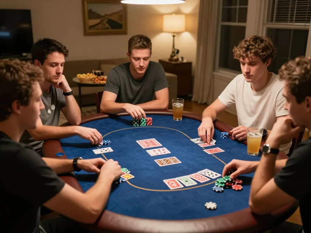 Teman-teman menikmati malam permainan poker di rumah sambil menjelajahi strategi dengan sl777 untuk pengalaman yang menghibur.