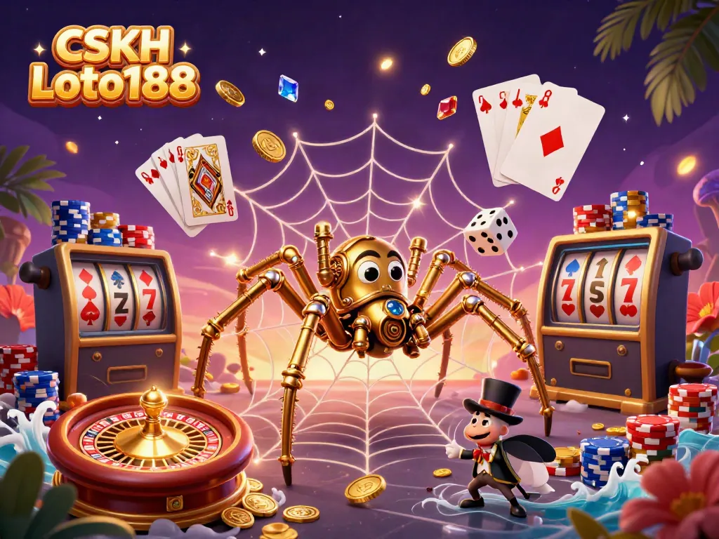 Engage with CSKH Loto188 at an exciting casino scene, featuring a whimsical spider and Victorian fly.